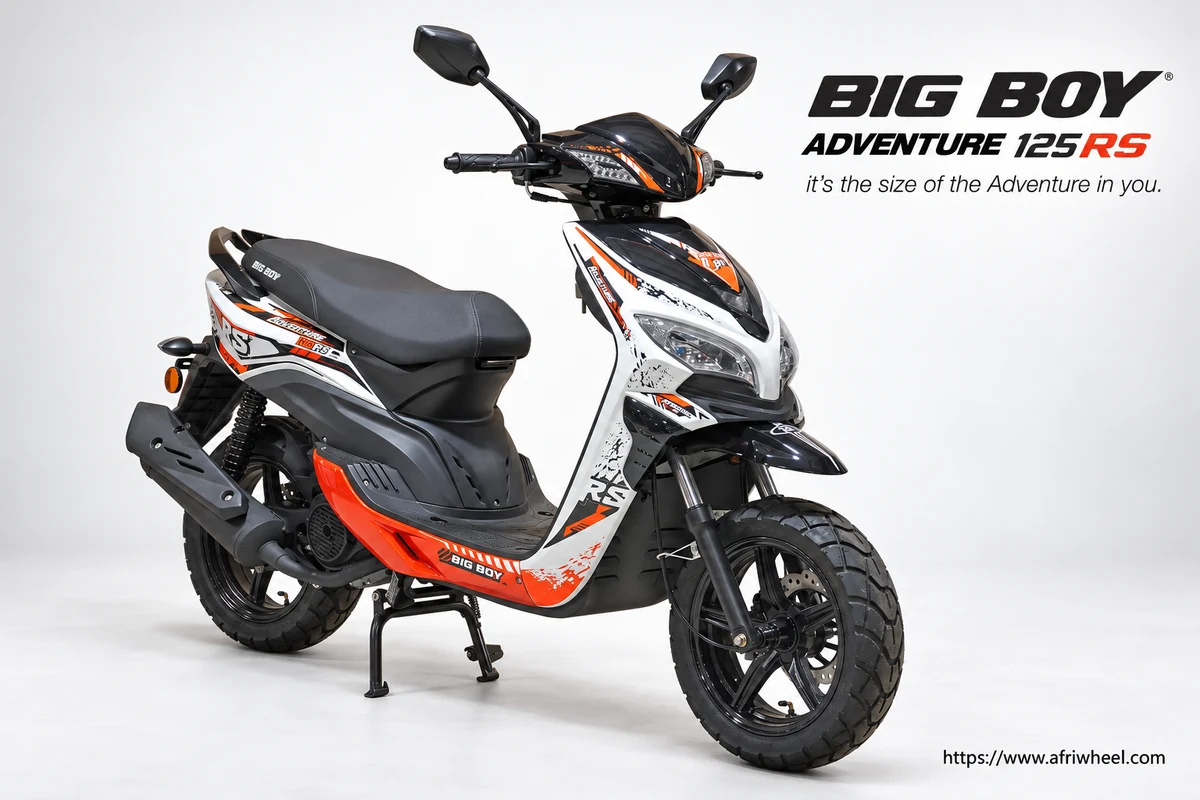 Big Boy Adventure 125RS in white black and orange, front three-quarter studio view