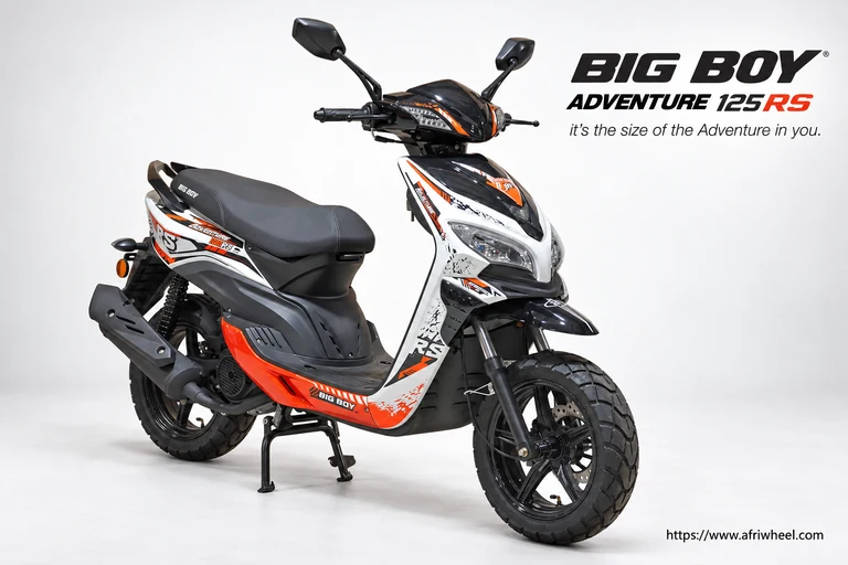 Big Boy Adventure 125RS in white black and orange, front three-quarter studio view