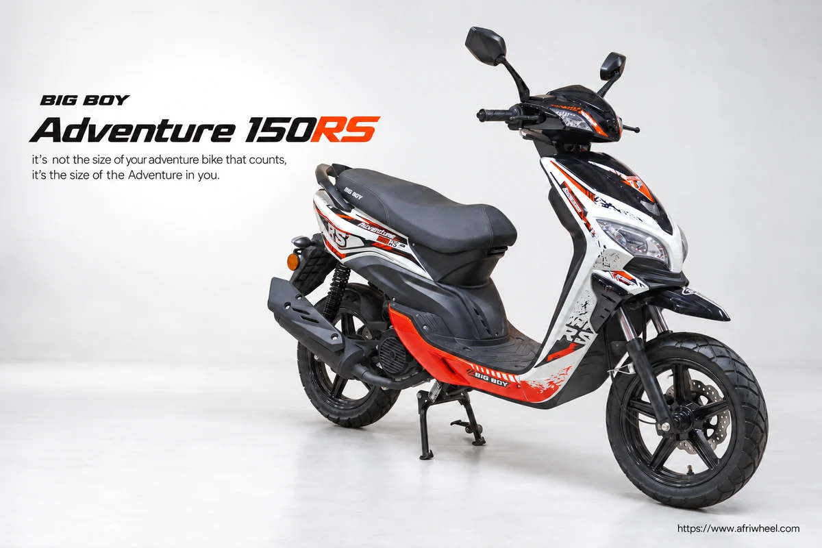 Big Boy Adventure 150RS in white, black and orange-red, complete front three-quarter view.