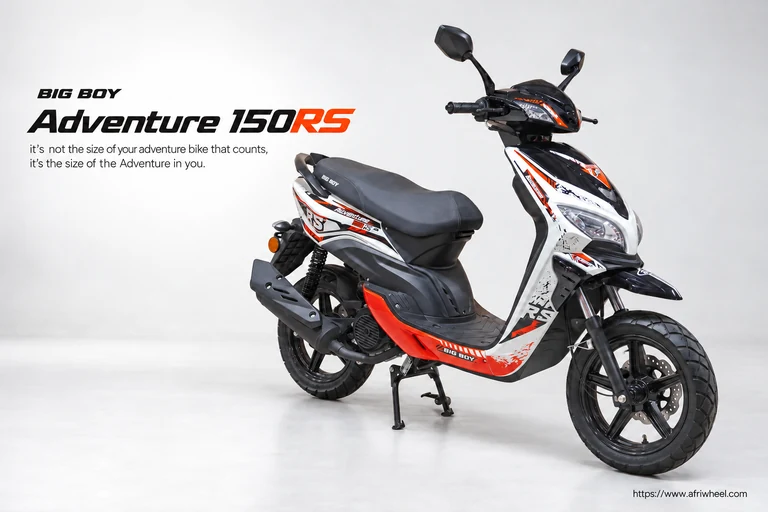 Big Boy Adventure 150RS in white, black and orange-red, complete front three-quarter view.