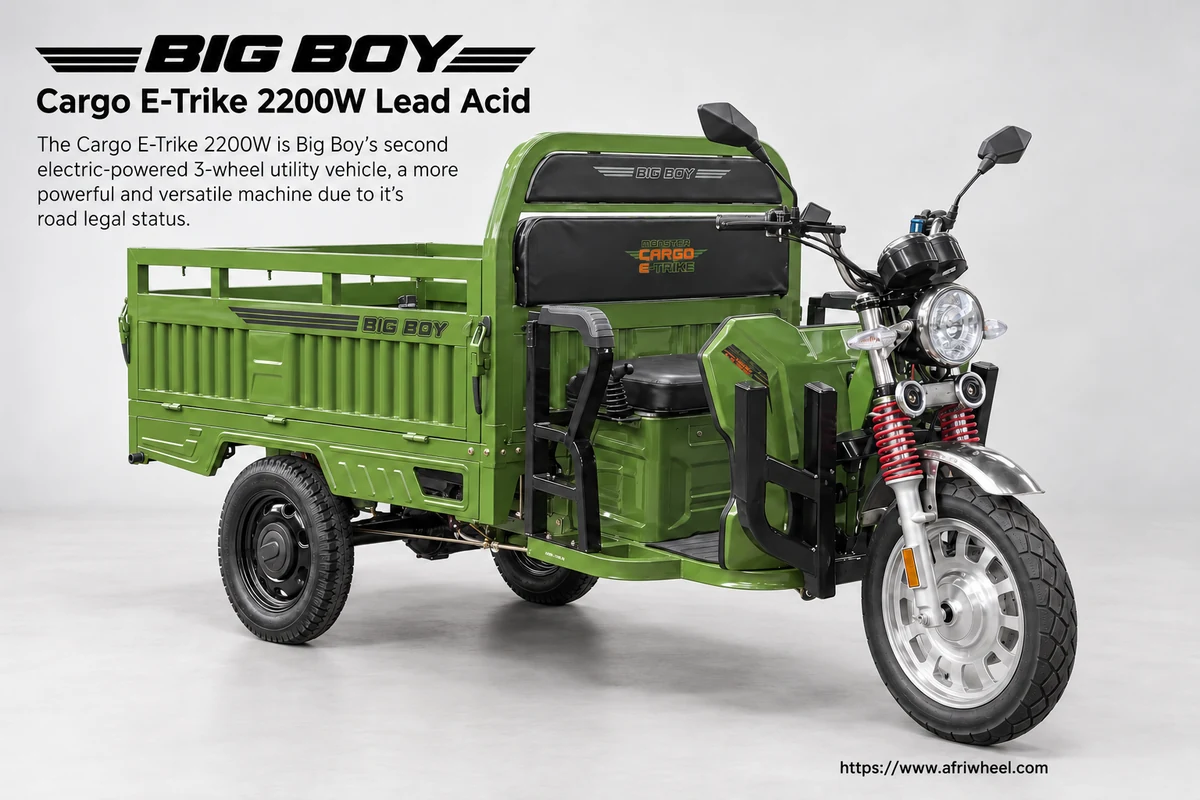 Big Boy Cargo E-Trike 2200W Lead Acid in green, complete front three-quarter view with tipper cargo bed.