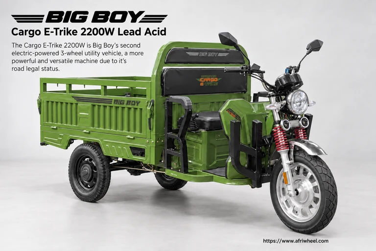 Big Boy Cargo E-Trike 2200W Lead Acid in green, complete front three-quarter view with tipper cargo bed.