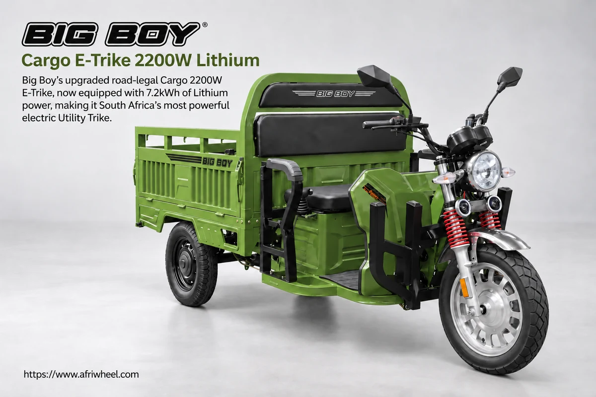 Big Boy Cargo E-Trike 2200W Lithium in green, complete front three-quarter view with tipper cargo bed.