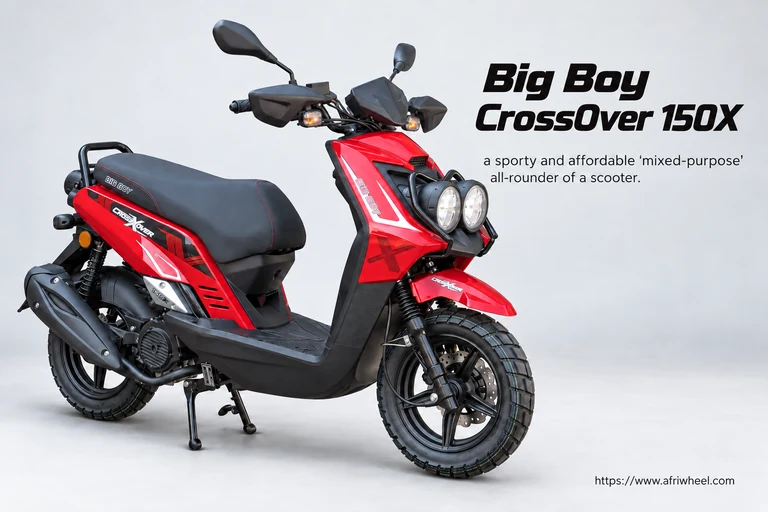 Big Boy CrossOver 150X in red, complete front three-quarter hero view with twin headlights and hand guards.