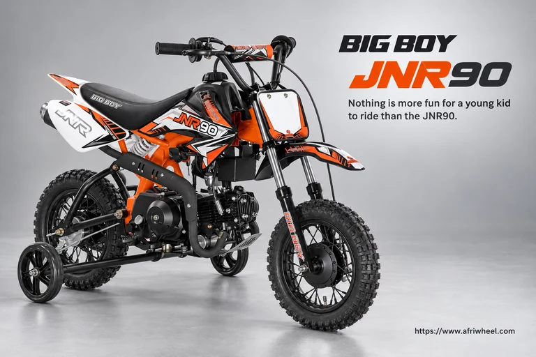 Big Boy JNR90 white, orange and black youth off-road motorcycle with training wheels