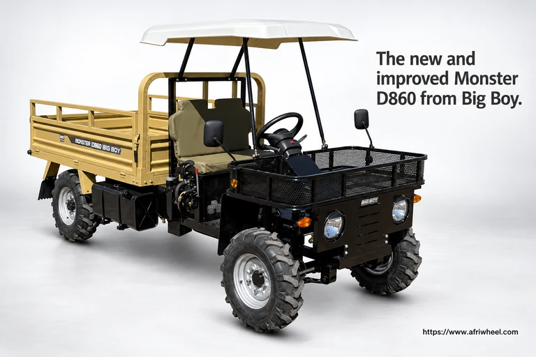 Black and tan Big Boy Monster D860 MAX four-wheel utility vehicle with tipper bed and front basket