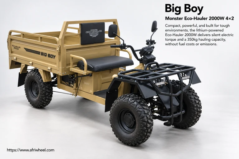 Big Boy Monster Eco-Hauler 2000W 4×2 in tan-gold utility body with black chassis and bin, complete front three-quarter hero view