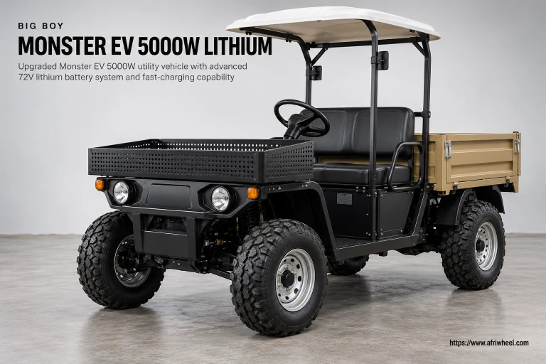 Big Boy Monster EV 5000W Lithium in black body with tan bin and white canopy, complete front three-quarter hero view