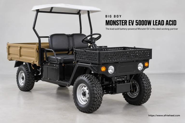 Big Boy Monster EV 5000W Lead Acid in black body with tan bin and white canopy, complete front three-quarter hero view