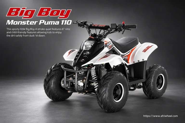 Big Boy Monster Puma 110 in white, black and red-orange junior ATV, complete front three-quarter hero view