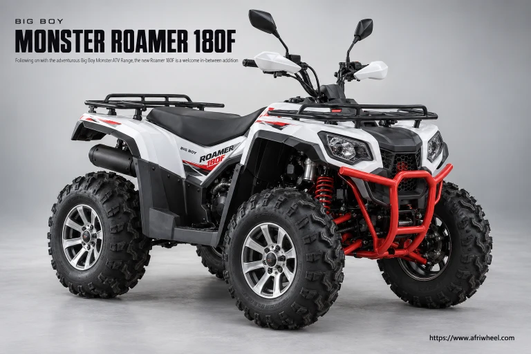 Big Boy Monster Roamer 180F in white body with black panels and red accents, complete front three-quarter hero view
