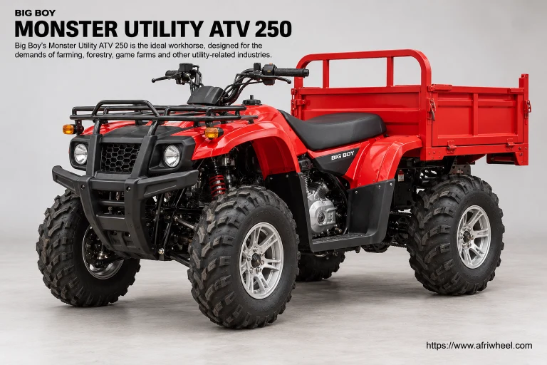 Big Boy Monster Utility ATV 250 in red body with black panels and silver wheels, complete front three-quarter hero view