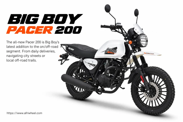 Big Boy Pacer 200 Commercial in white commercial motorcycle with black guards, complete front three-quarter hero view