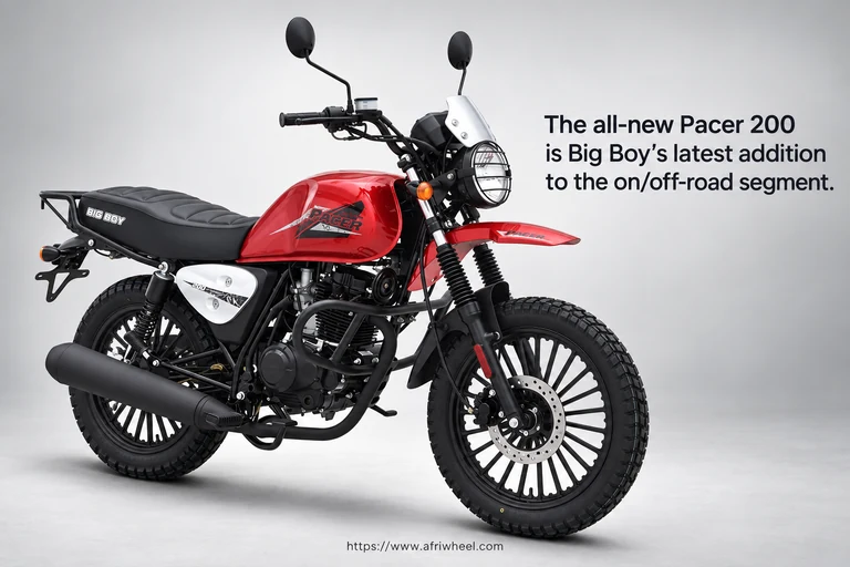 Big Boy Pacer 200 in red with black frame, round caged headlamp, rear rack and chunky dual-purpose tyres, front three-quarter view.