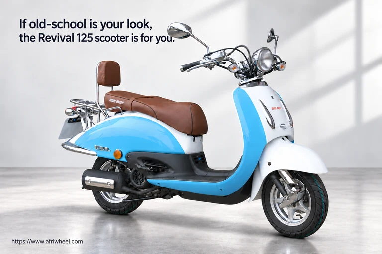Big Boy Revival 125 blue and white scooter with brown saddle chrome trim and backrest