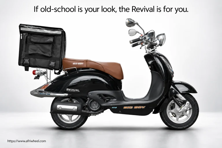Big Boy Revival 150 Commercial in black with brown saddle and soft delivery box, front three-quarter hero view