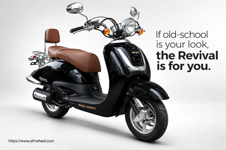 Big Boy Revival 150 in black scooter with brown saddle and chrome details, complete front three-quarter hero view