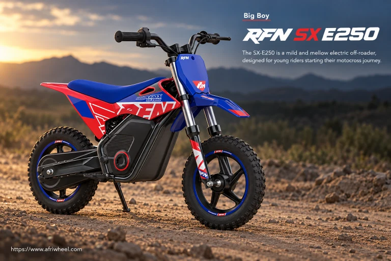 Big Boy RFN SX E250 in blue electric dirt bike with red and white graphics, complete front three-quarter hero view