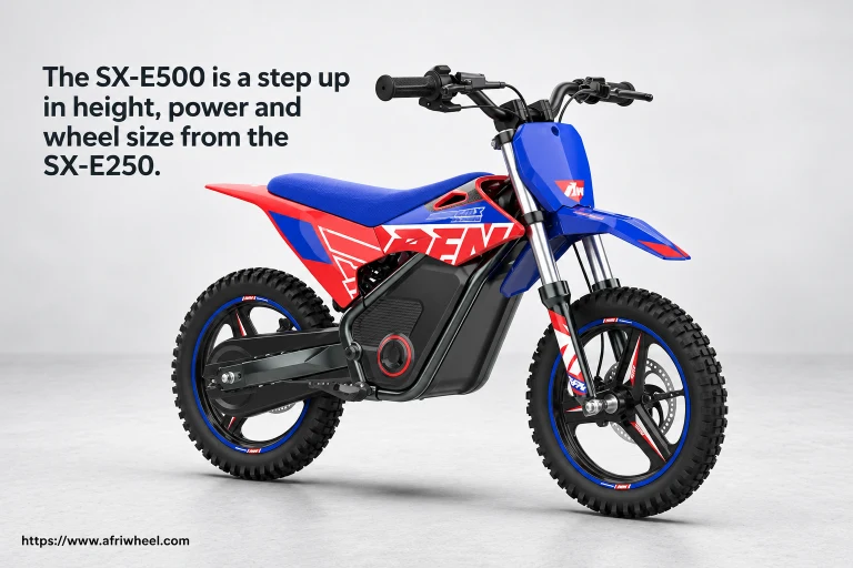 Big Boy RFN SX E500 in blue electric dirt bike with red and white graphics, complete front three-quarter hero view