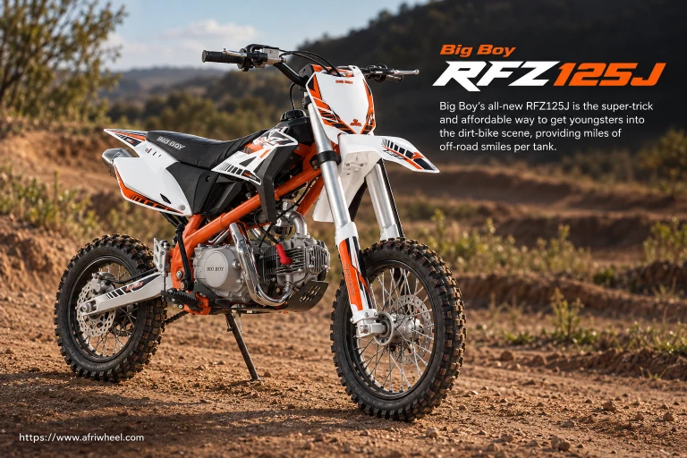 Big Boy RFZ125J in white junior dirt bike with orange and black graphics, complete front three-quarter hero view
