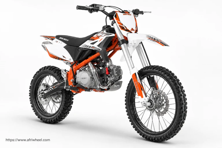 Big Boy RFZ125S in white pit bike with orange and black graphics, complete front three-quarter hero view