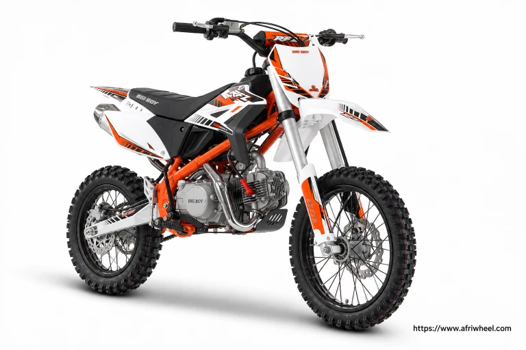Big Boy RFZ125T in white teen pit bike with orange and black graphics, complete front three-quarter hero view