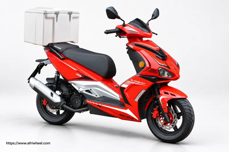 Big Boy SlingShot 125F Commercial in red with graphics and white delivery box, front three-quarter hero view