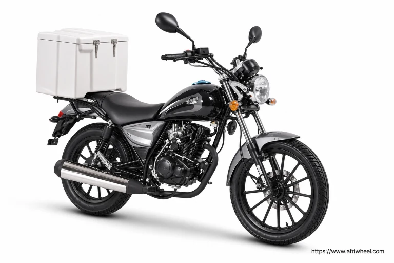 Big Boy SuperLight 125 Commercial in black and silver motorcycle with one white delivery box, complete front three-quarter hero view