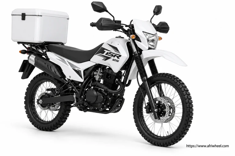 Big Boy TSR 125 Commercial in white and black dual-purpose motorcycle with one white delivery box, complete front three-quarter hero view