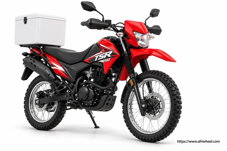 Big Boy TSR 250 Commercial in red and black dual-purpose motorcycle with one white delivery box, complete front three-quarter hero view