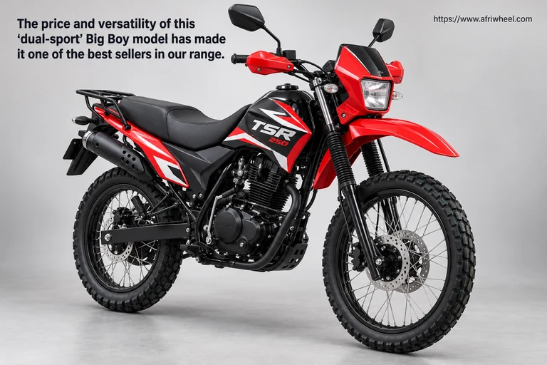 Big Boy TSR250 red, black and white dual-purpose motorcycle hero with rectangular headlamp, red handguards and wire-spoke wheels