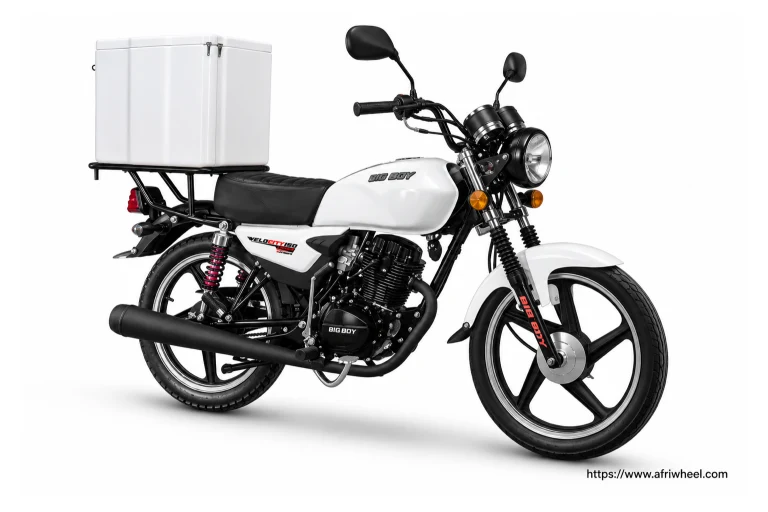 Big Boy Velocity 150 Cargo Commercial in white and black single-seat cargo motorcycle with white delivery box, complete front three-quarter hero view