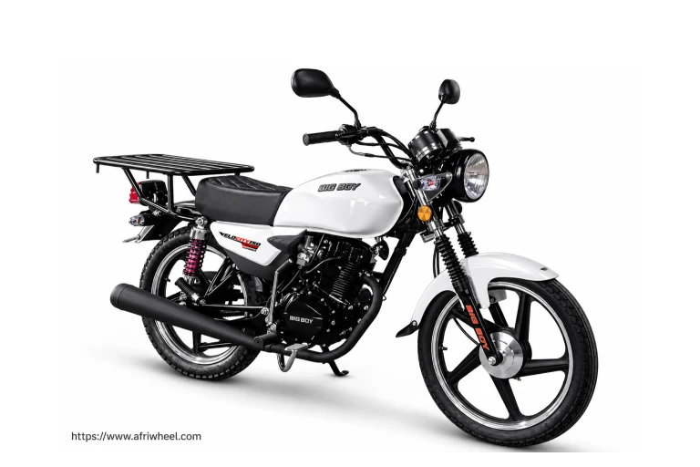 Big Boy Velocity 150 Cargo in white and black single-seat cargo motorcycle with rack, complete front three-quarter hero view