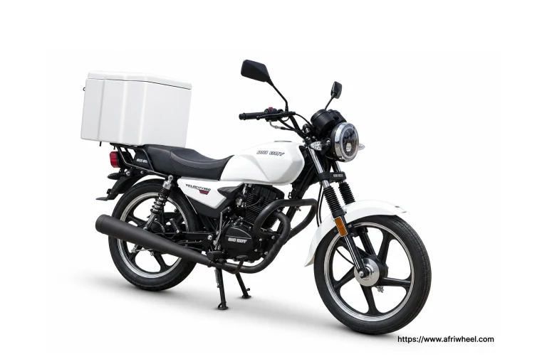 Big Boy Velocity 150 Commercial in white and black commercial motorcycle with white delivery box, complete front three-quarter hero view