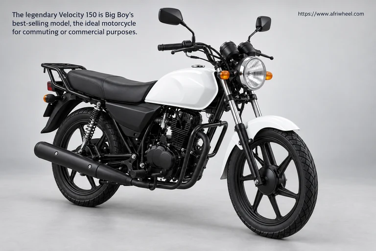 Big Boy Velocity 150 white standard street motorcycle hero with round headlamp, cast wheels and rack