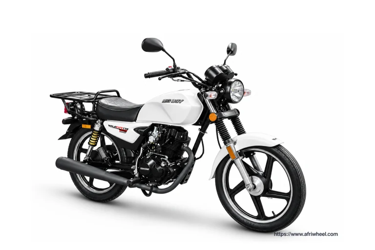 Big Boy Velocity 175 Cargo in white and black single-seat 175 cargo motorcycle with rack, complete front three-quarter hero view