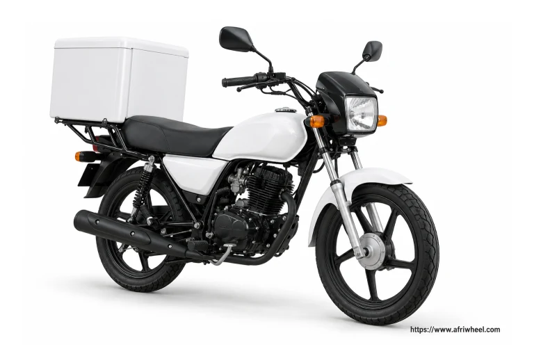 Big Boy Velocity 200 Commercial in white and black street motorcycle with white delivery box, complete front three-quarter hero view