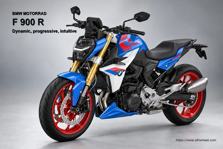 BMW Motorrad F 900 R Light White and Racing Blue Sport front three-quarter hero with red wheels