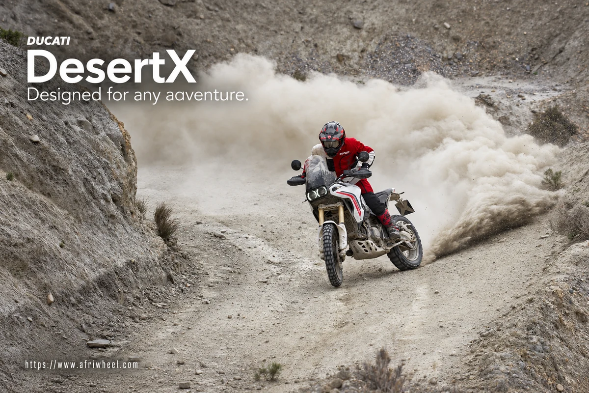 Ducati DesertX, front three-quarter hero campaign view showing the exact model geometry and components