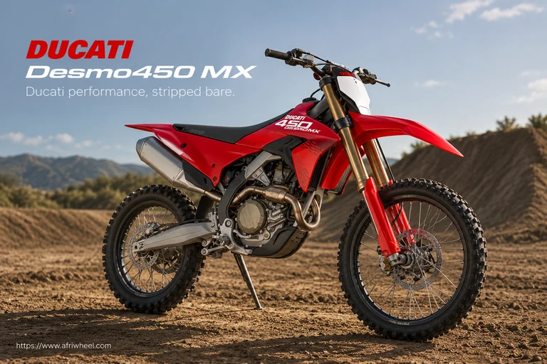Ducati Desmo450 MX, front three-quarter hero campaign view showing the exact model geometry and components
