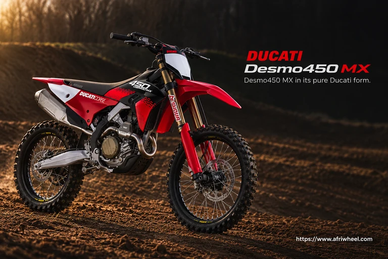 Ducati Desmo450 MX, front three-quarter hero campaign view showing the exact model geometry and components