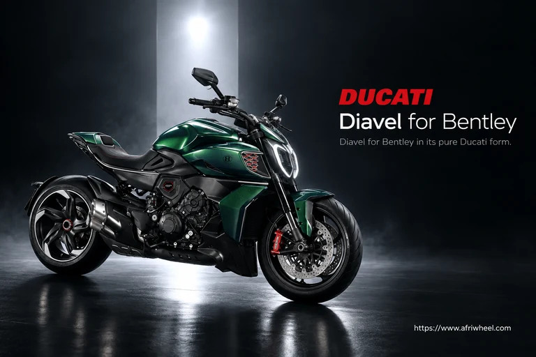 Ducati Diavel for Bentley, front three-quarter hero campaign view showing the exact model geometry and components