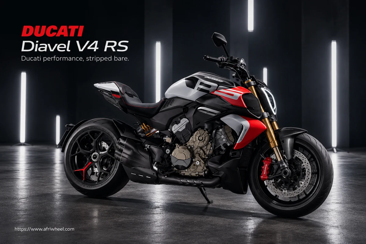 Ducati Diavel V4 RS, front three-quarter hero campaign view showing the exact model geometry and components