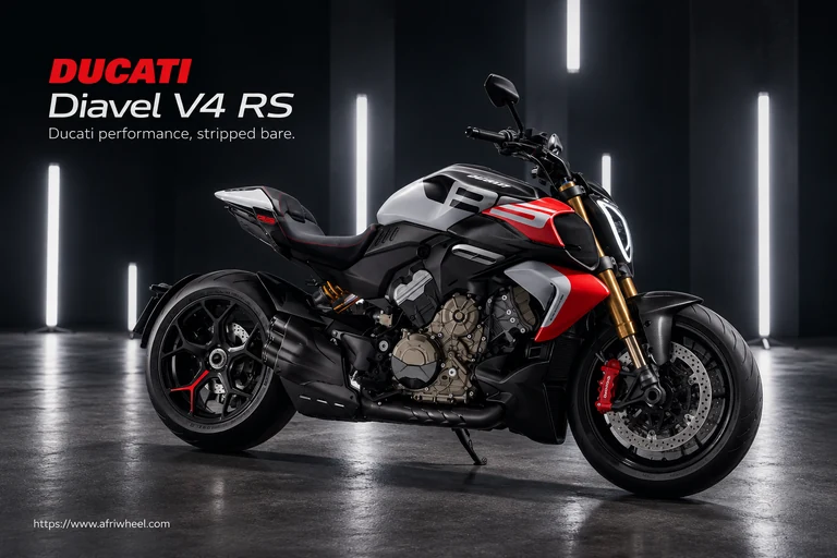 Ducati Diavel V4 RS, front three-quarter hero campaign view showing the exact model geometry and components