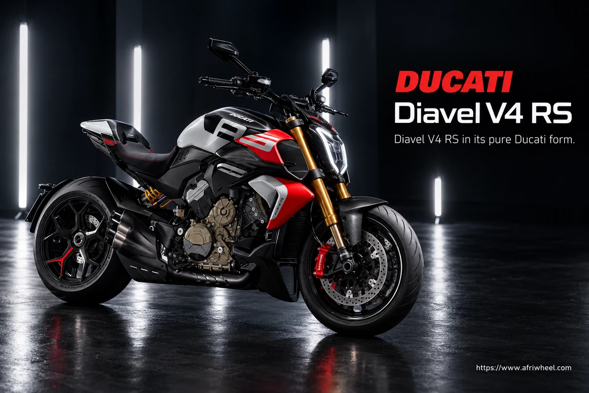 Ducati Diavel V4 RS, front three-quarter hero campaign view showing the exact model geometry and components