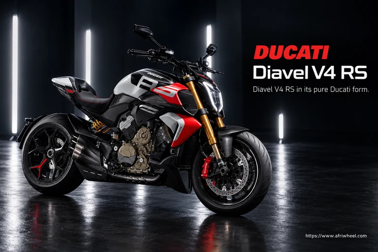 Ducati Diavel V4 RS, front three-quarter hero campaign view showing the exact model geometry and components