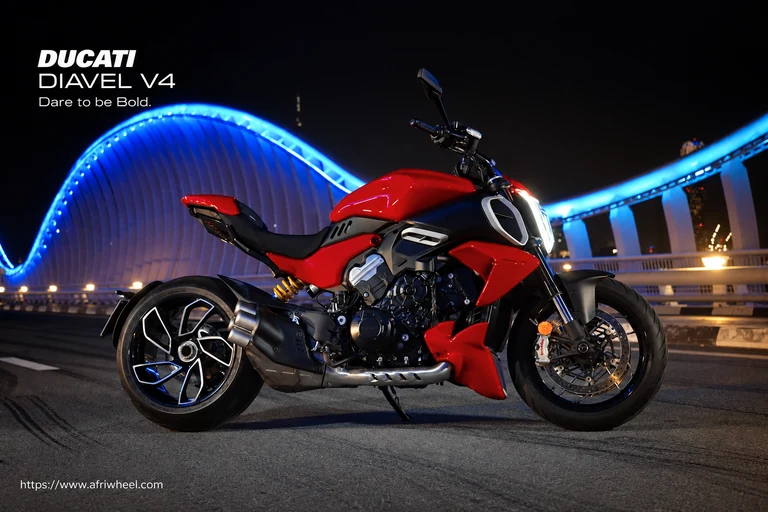 Ducati Diavel V4, front three-quarter hero campaign view showing the exact model geometry and components