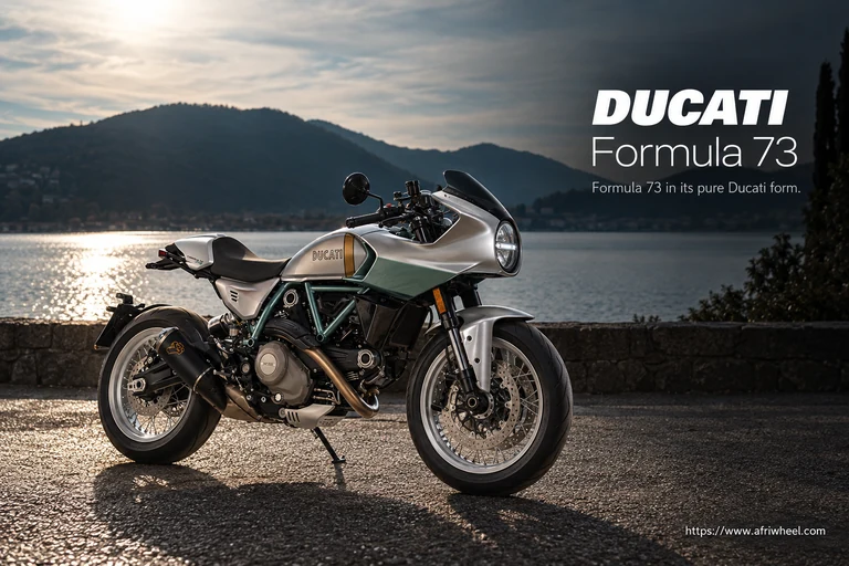 Ducati Formula 73, front three-quarter hero campaign view showing the exact model geometry and components