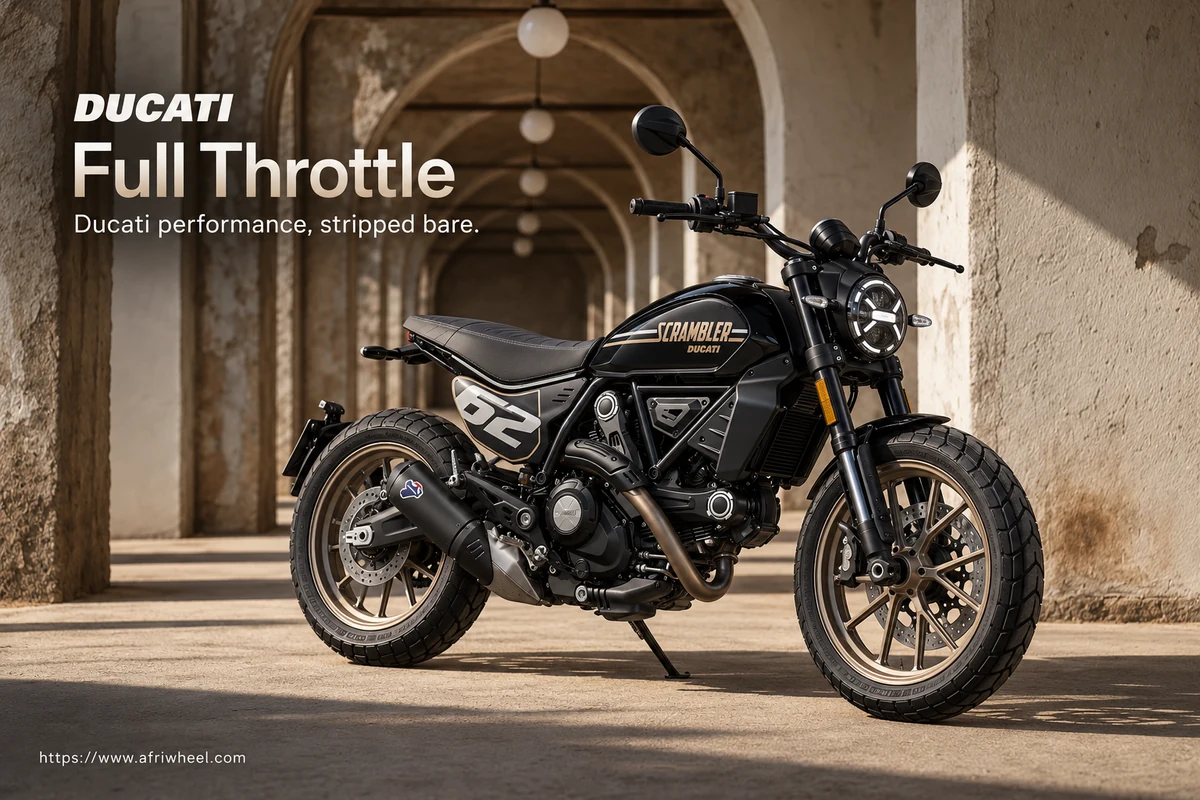 Ducati Full Throttle, front three-quarter hero campaign view showing the exact model geometry and components