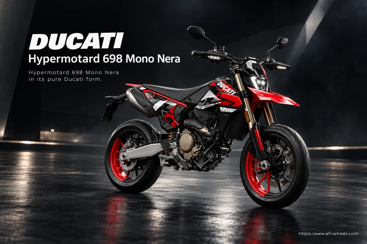 Ducati Hypermotard 698 Mono Nera, front three-quarter hero campaign view showing the exact model geometry and components